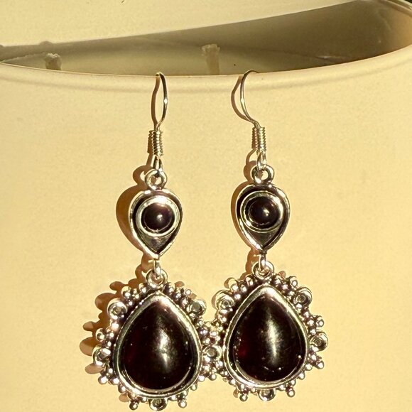 NEW Boho Silver Plated Vintage Black Stone Dangle Earrings - Picture 5 of 5